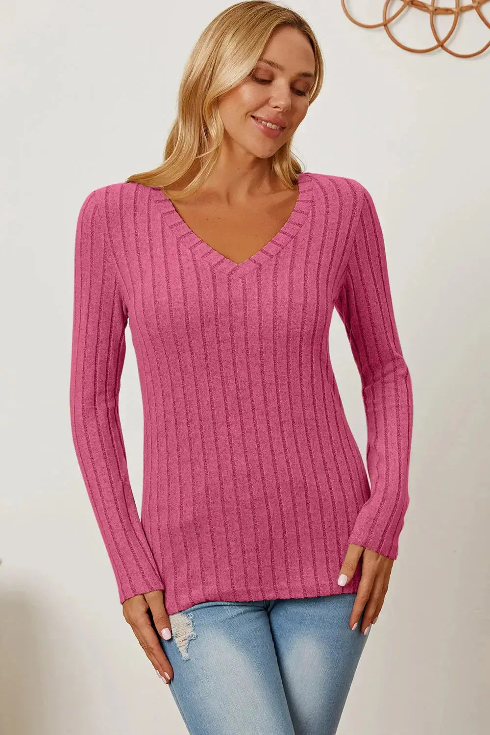 Basic Bae Full Size Ribbed V-Neck Long Sleeve T-Shirt - Love Salve